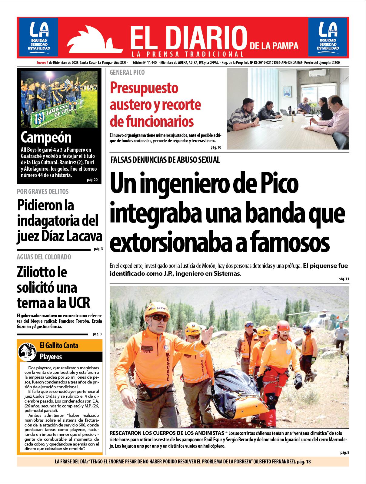 Tapa de El Diario en papel  jueves 07 de diciembre de 2023